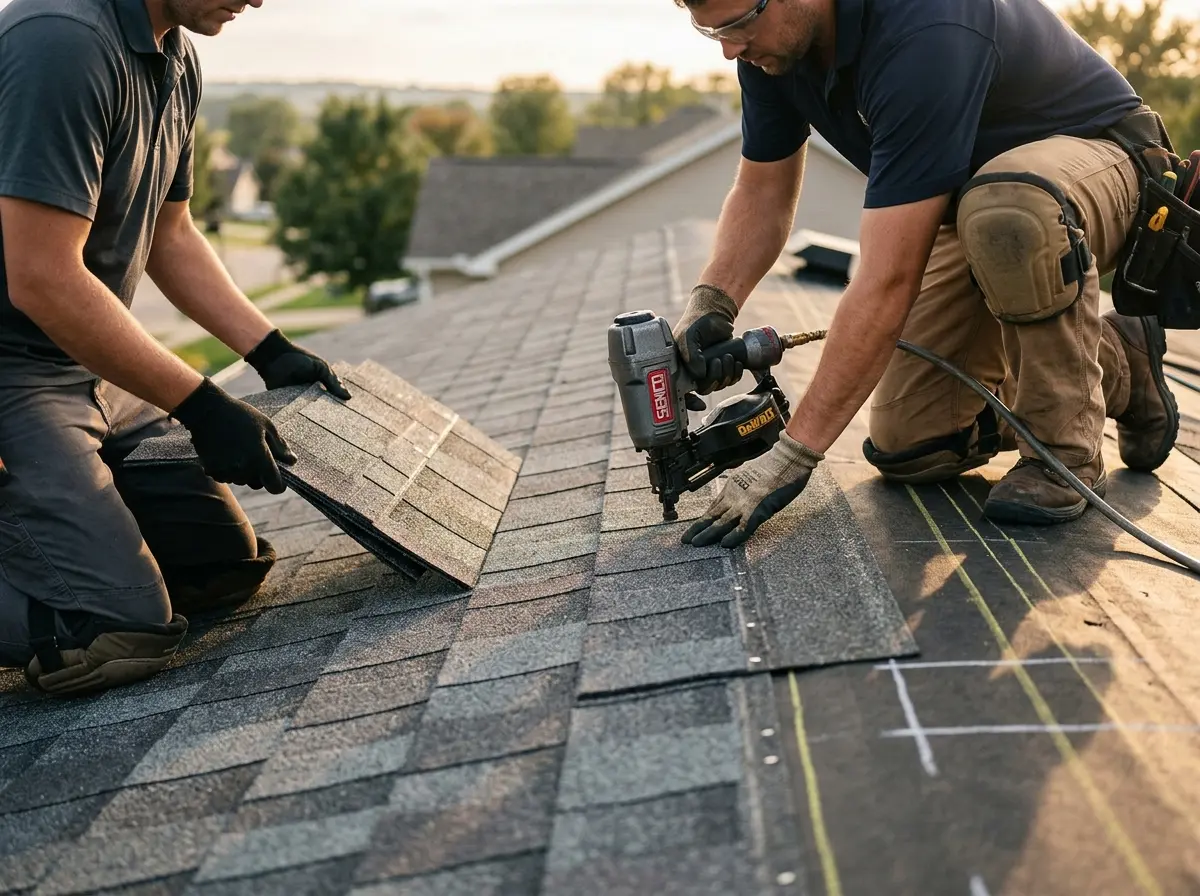 Professional roofer working on a residential roof in Kendall